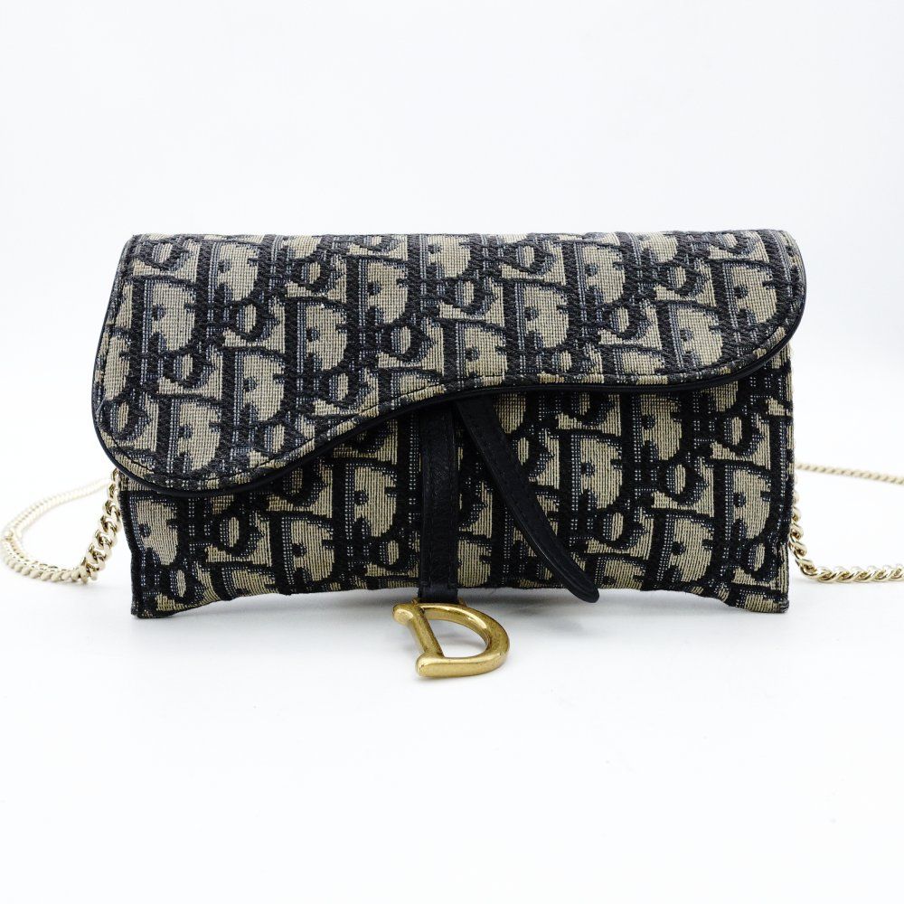 クリスチャン ディオール Christian Dior オブリーク ショルダーバッグ チェーンウォレット サドル ネイビー ベージュ キャンバス 7 11 616