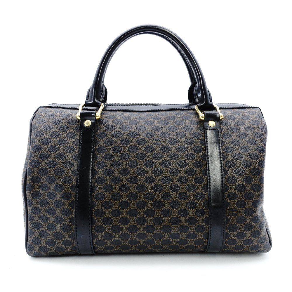 セリーヌ CELINE マカダム ボストンバッグ ハンドバッグ ブラック ブラウン PVC レザー ヴィンテージ 7 12 861