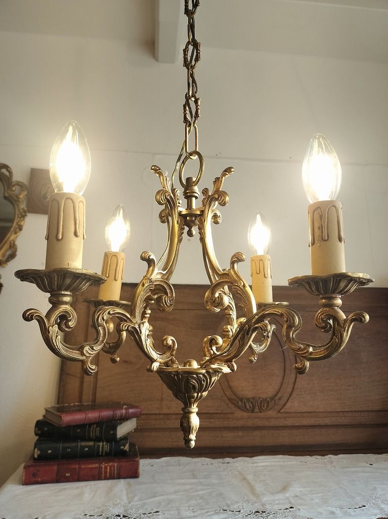 フランス アンティーク ブロンズ ケージ 装飾 シャンデリア 4 灯 照明