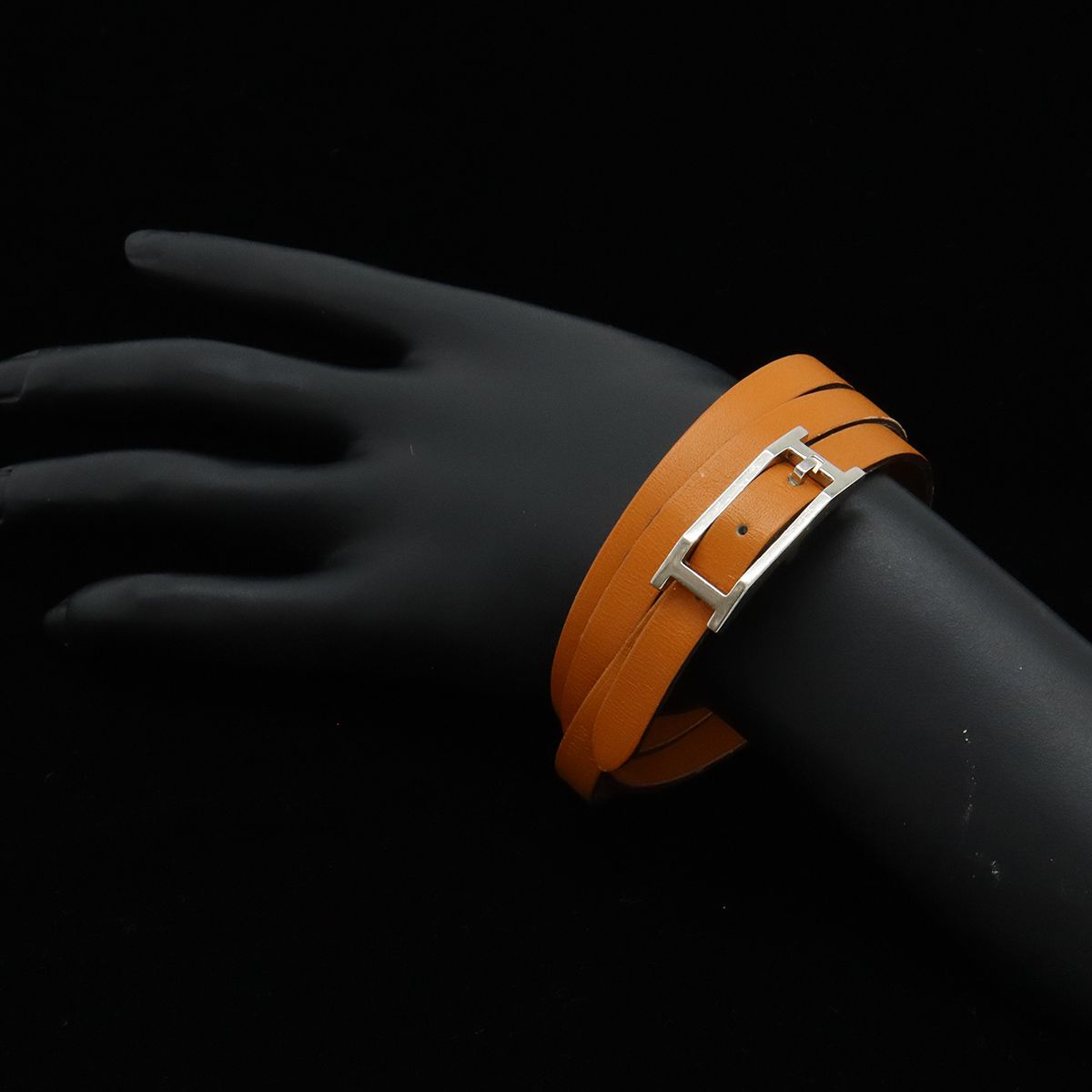 HERMES エルメス アピ3 ロング ブレスレット バングル レザー オレンジ 