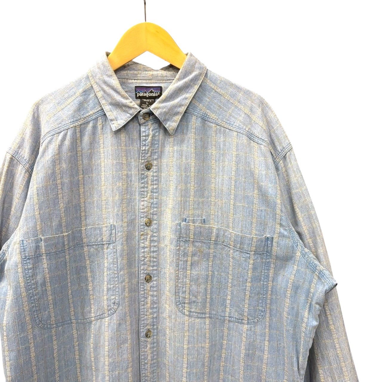 90 s ビンテージ パタゴニア シャンブレー コットン チェック シャツ L ブルー系 90年代 ヴィンテージ patagonia