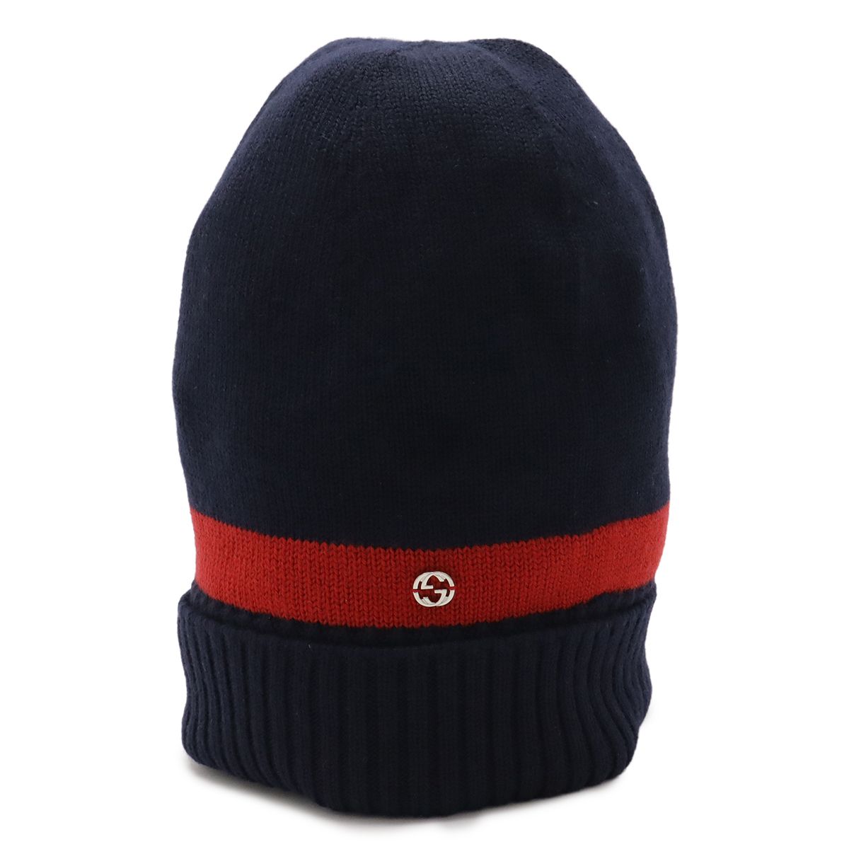 GUCCI グッチ インターロッキングG ニット帽 ニットキャップ ビーニー 帽子 ウール ネイビー 紺 レッド 赤 シルバー金具 Lサイズ 494598