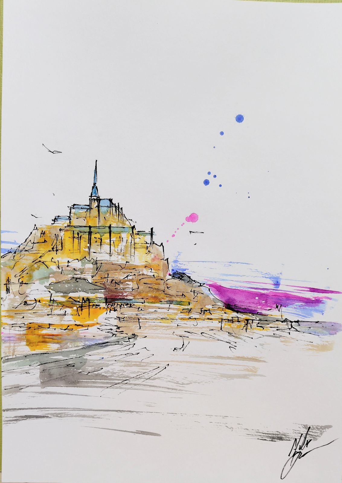 原画#186 モンサンミシェル フランス 水彩画 ドローイング インテリア