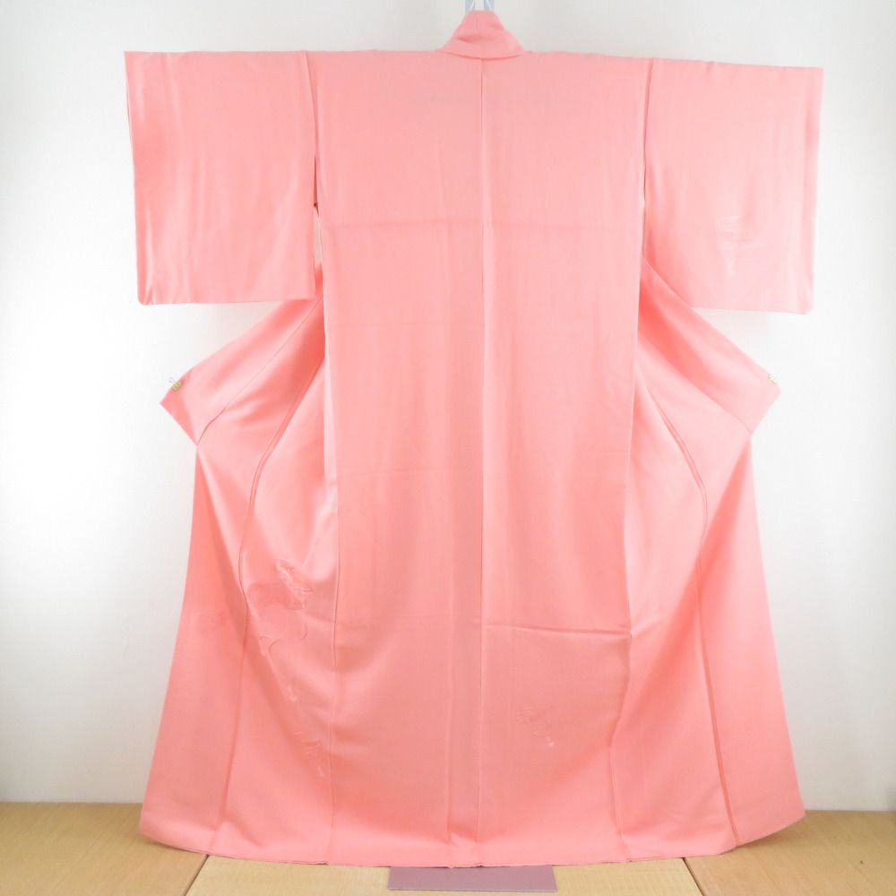 色無地 袷 広衿 桃色 付下げ柄 刺繍文様入り 正絹 紋なし 仕立て上がり