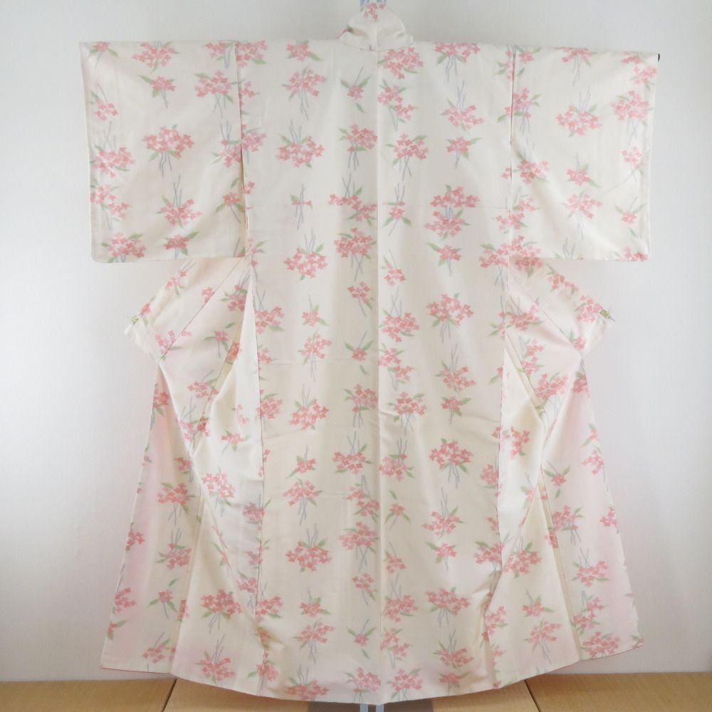 紬 着物 枝花文様 袷 広衿 ベージュ色 正絹 カジュアル着物 仕立て