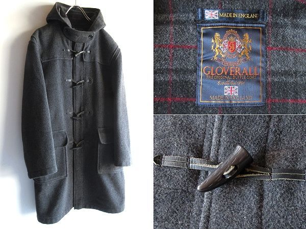 80 s 90 sビンテージ グローバーオール チンスト付 裏チェック ダブルフェイス ウールメルトン ダッフルコート 38 チャコール