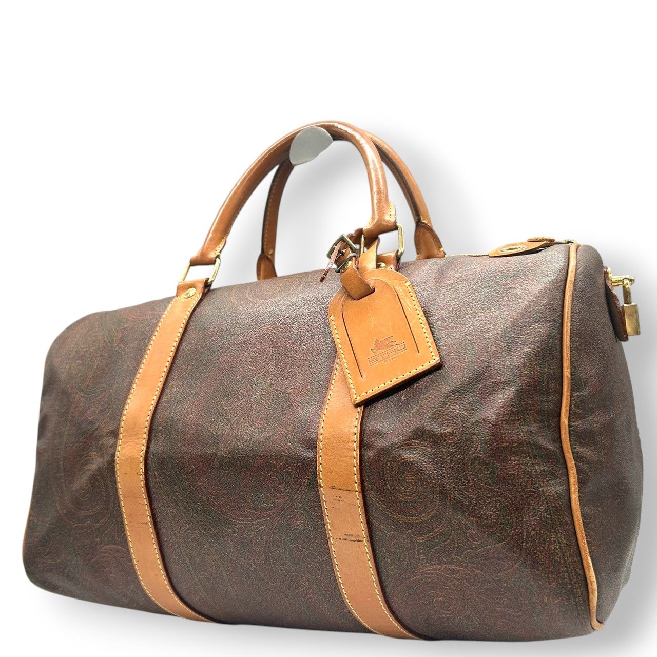 【美品】エトロ　2way ボストンバッグ　ペイズリー柄　PVC レザー　ブラウン ボストンバッグ ペイズリー柄 PVC レザー カデナ鍵付き 茶 ブラウン