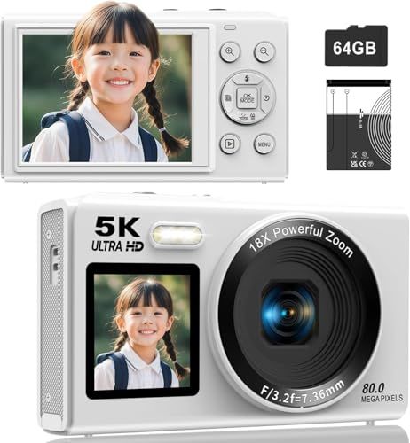 デジカメ5 K スマホに送れる デジタルカメラ WIFI転送機能 8000万画素 デュアルスクリーン 64 GBマイクロSDカード付き 自撮り18 Xデジタルズーム前 2 8インチ 後ろ1 5インチIPSスクリーン AFオートフォーカス 充電式YouTubeカメ m