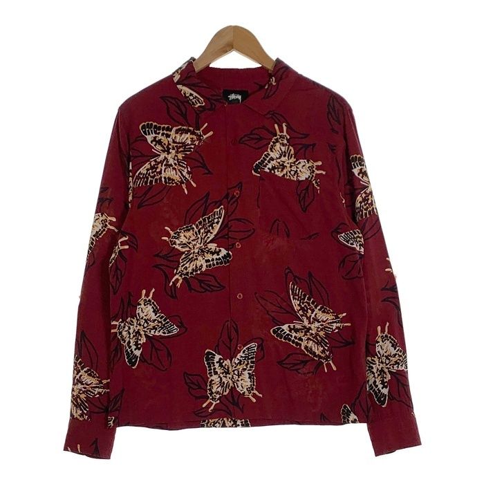 STUSSY ステューシー レーヨン オープンカラーロングスリーブシャツ バタフライプリント ボルドー Size M