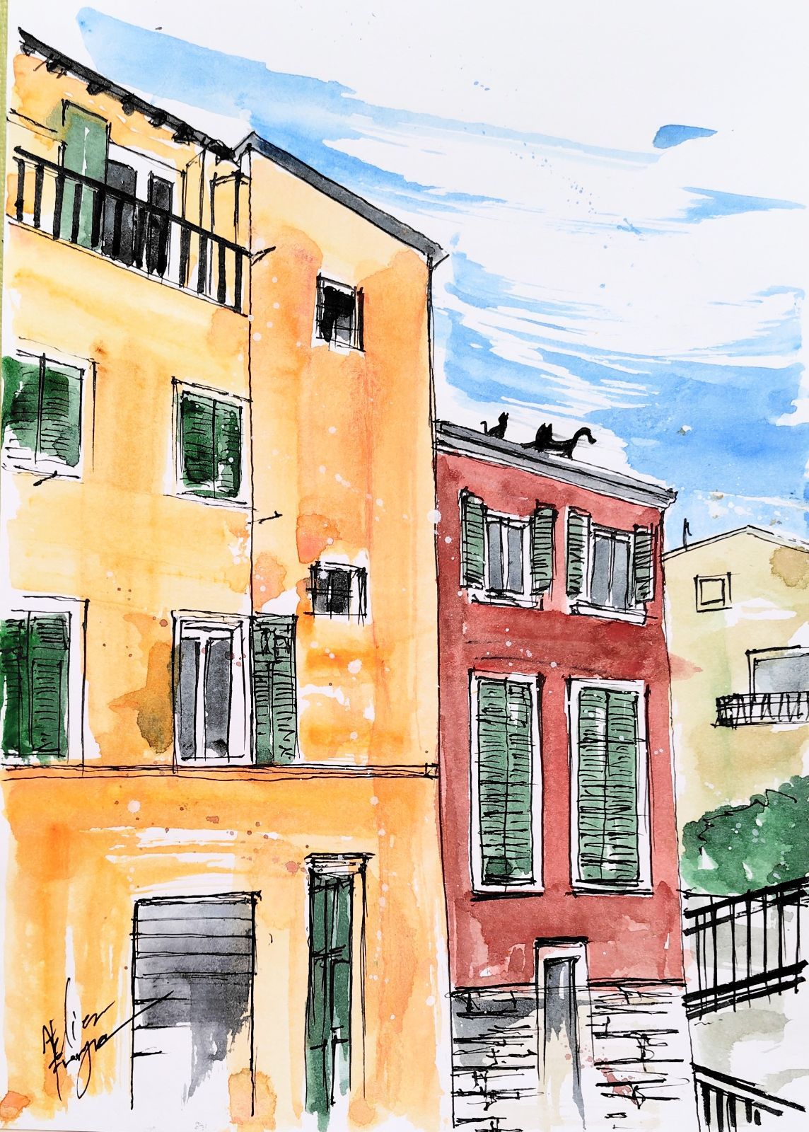 原画#187 黒猫 風景画 水彩画 ドローイング インテリア イラスト