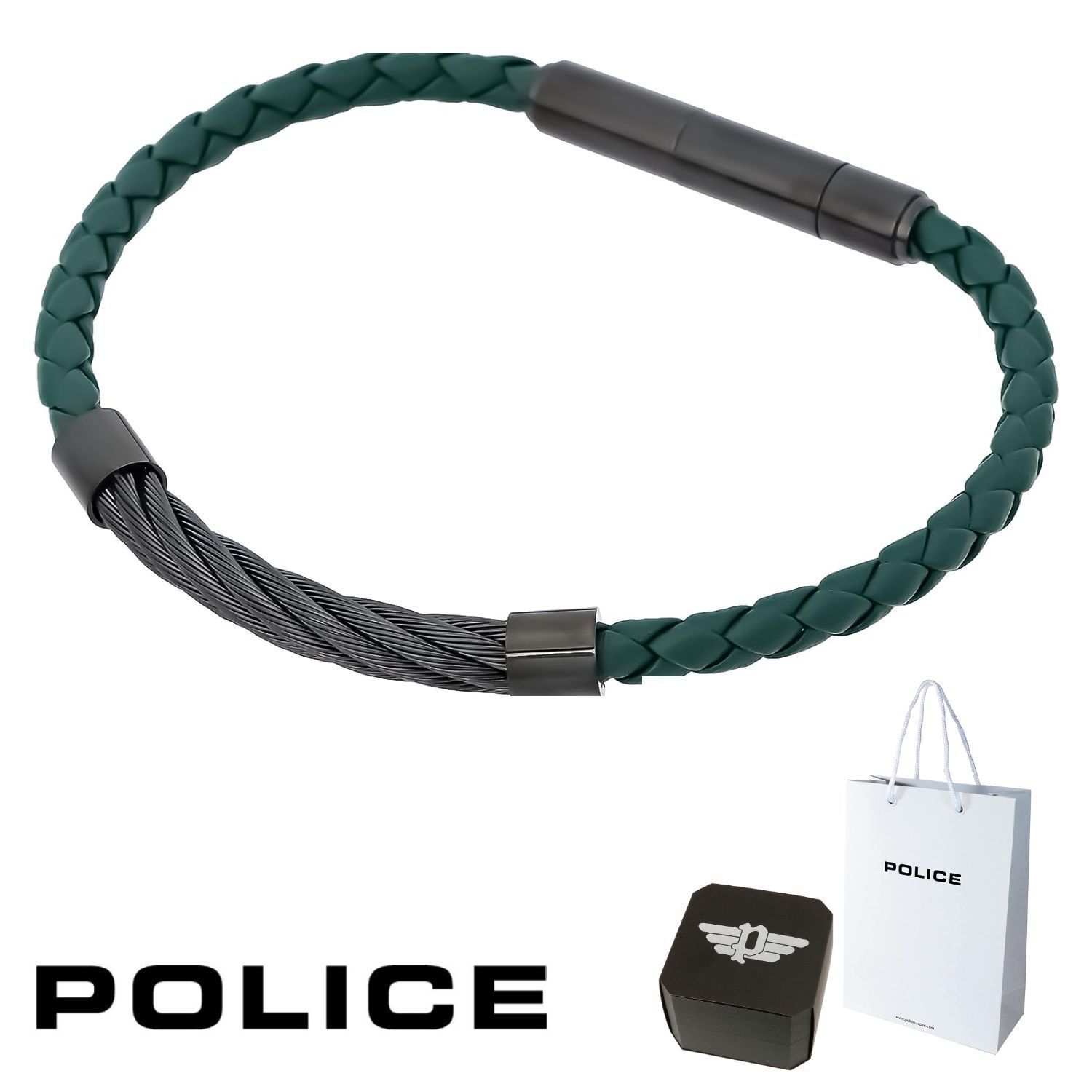 ブレスレット ポリス POLICE キングピン ステンレス 316 L サージカルステンレス レザー グリーン ガンメター メンズ 男性 ギフト プレゼント バレンタイン お祝い