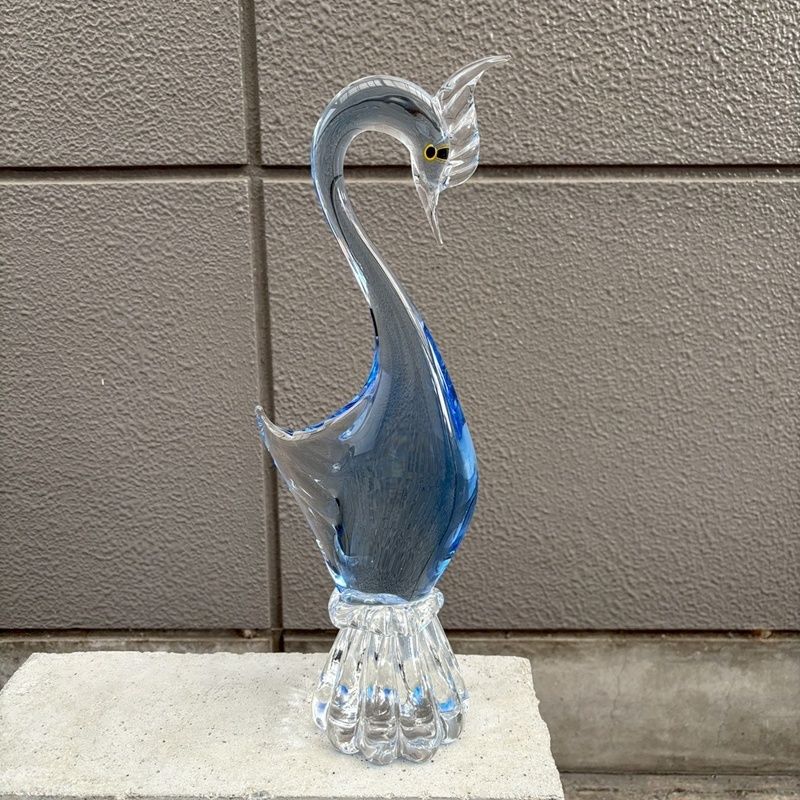 レトロ 鳥 高さ40 cm ガラス 置物 インテリア オブジェ ガラス細工 トリ サギ 白鳥 水鳥 ブルー 冠羽 CA 1115 4