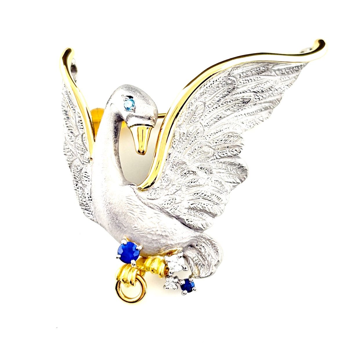 石川暢子 NOBUKO スワンモチーフ デザインブローチ プラチナ YG イエローゴールド メレダイヤ ダイヤモンド 鳥 ブローチ Pt 900 K 18 サファイア レディース