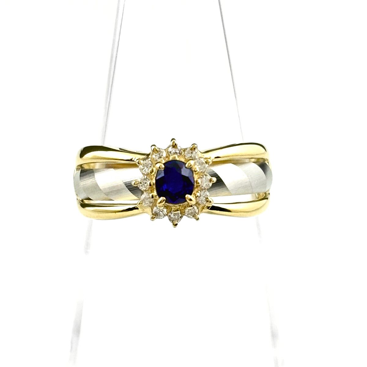 サファイア デザインリング YG イエローゴールド プラチナ 指輪 メレダイヤ ダイヤモンド リング 11号 K 18 Pt 900 レディース