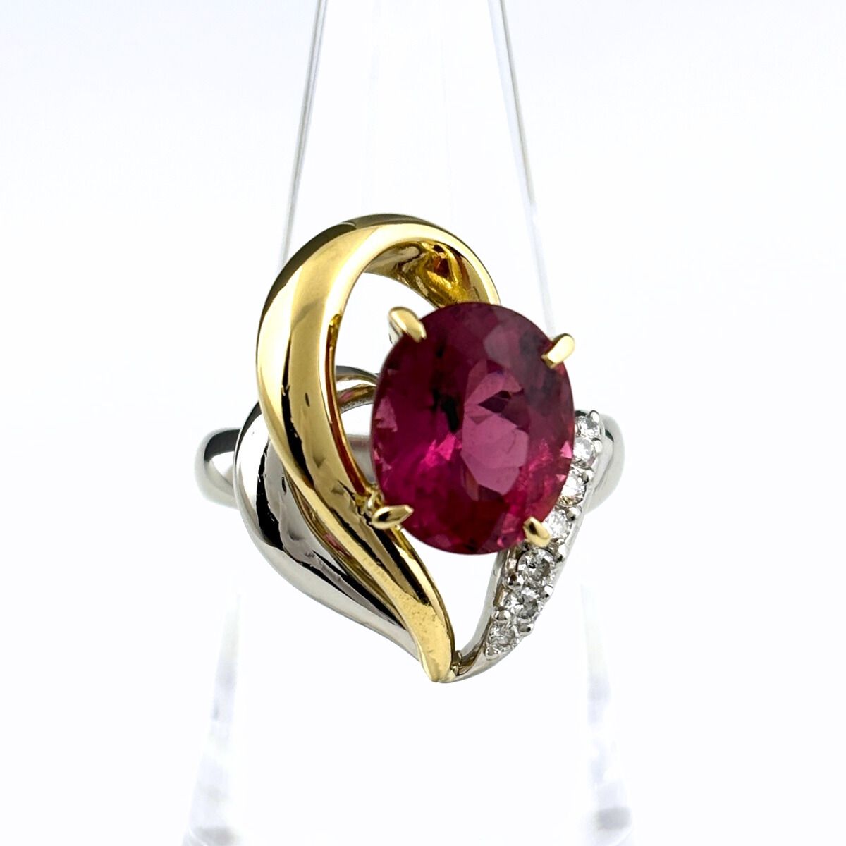 ピンクトルマリン デザインリング プラチナ YG イエローゴールド 指輪 メレダイヤ ルベライト リング 13 5号 Pt 900 K 18 レディース