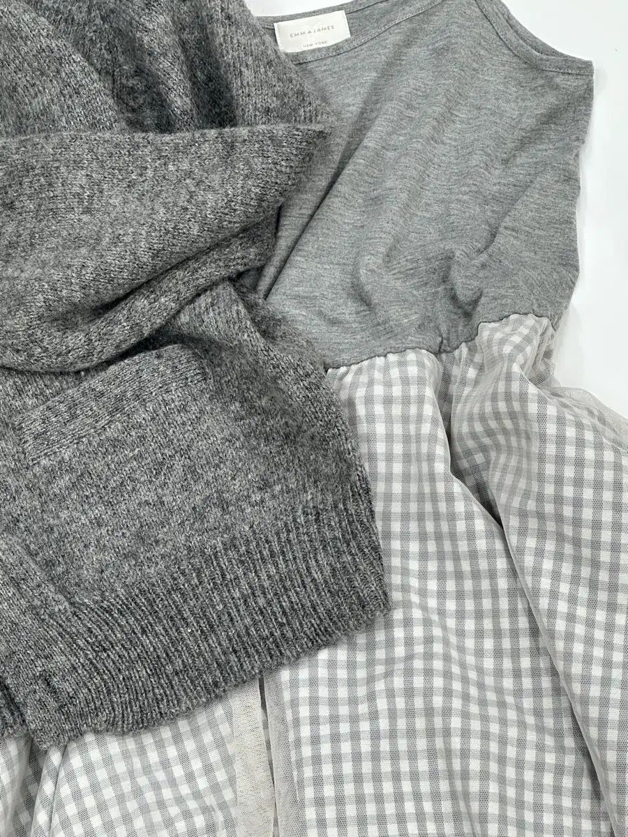  日本ヴィンテージ モノトーン 蒼井 優 カーディガン ギンガム グレー ONE PIECE コーディネートセット 長袖 七分袖 ミニワンピース