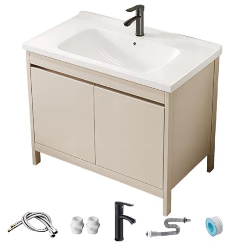 迅速に発送 洗面化粧台自立型 陶器一体型ボウル＆防水キャビネット開き戸収納 大容量 省スペース 温水冷水両用蛇口 洗面所 浴室 バルコニーに ミラーなし 単体 付属排水ユニット一式 幅71 奥行48 高さ80 cm クリーム 4 b 423 aad