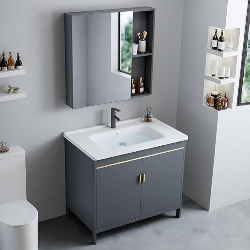 迅速に発送 PFLife 洗面化粧台 洗面台 陶器製 幅60 cm 幅75 扉付き収納 組立簡単 洗面ボウル付 省スペース 混合水栓 鏡付きキャビネット 80 40 5 a 844098