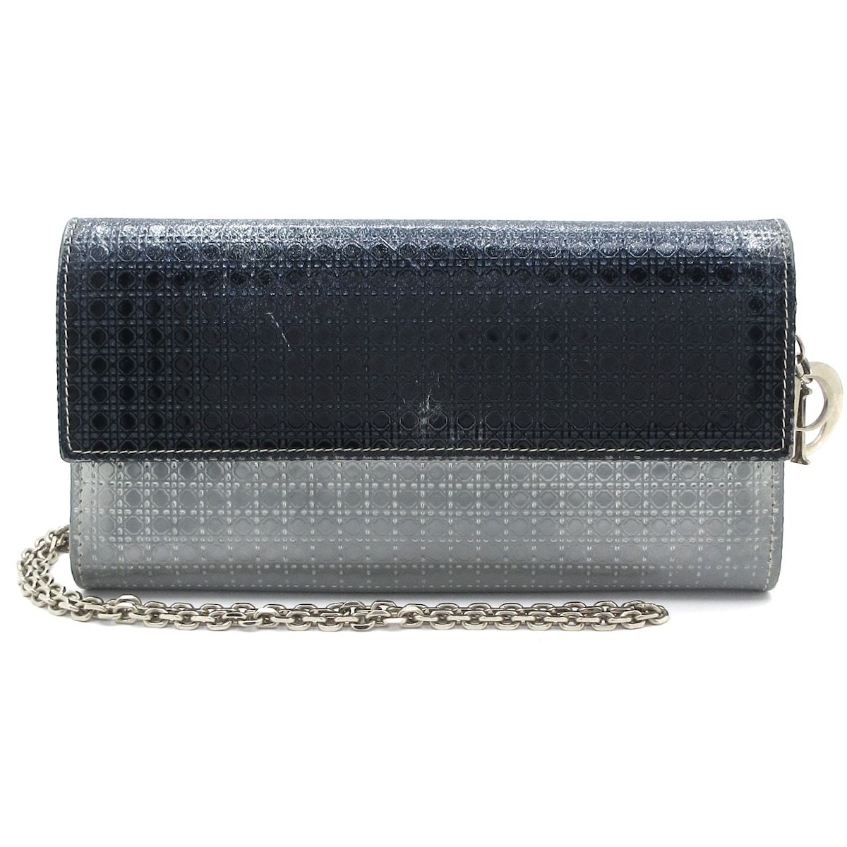 ディオール クリスチャンディオール 財布 マイクロカナージュ ネイビー シルバー チェーンウォレット 型押し加工 グラデーション レザー