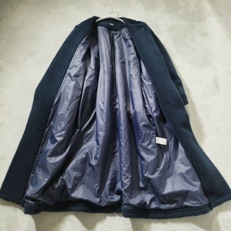美品 ヘリーハンセン ノーカラー ロング コート ボア ベルト ネイビー 