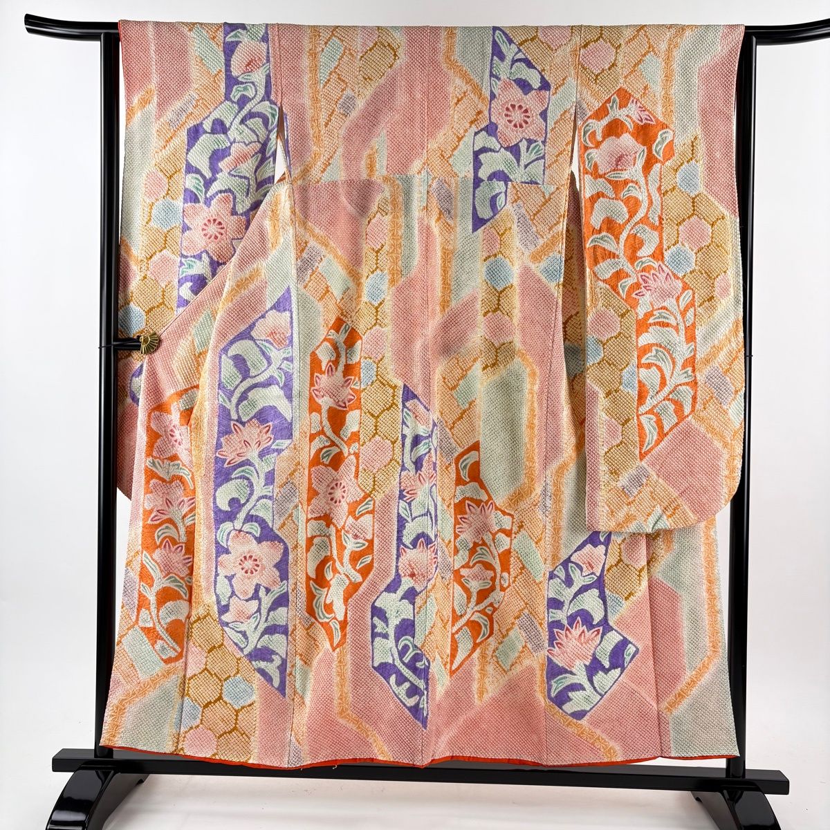 振袖 身丈154 cm 裄丈63 5 S 袷 草花 総絞り 染め分け オレンジ 正絹 名品