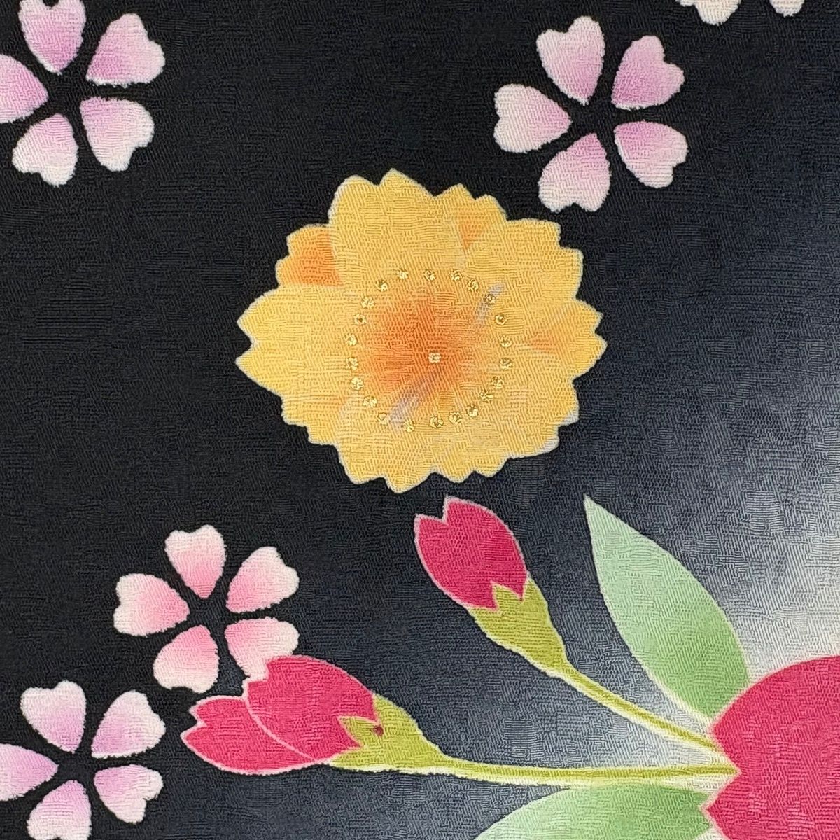  振袖 身丈161 cm 裄丈64 M 袷 鈴乃屋 菊 桜 金彩 ぼかし 黒 正絹 名品 振袖 着物