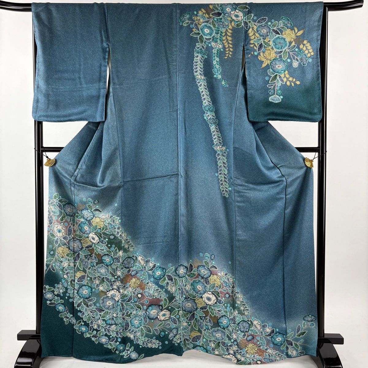 訪問着 身丈168cm 裄丈66.5cm M 袷 辻が花 金彩 ぼかし 青灰色 正絹
