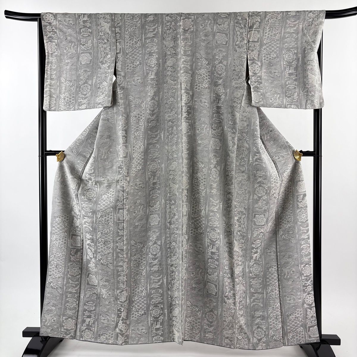 小紋 身丈161 cm 裄丈66 5 M 袷 花鳥 波 紋意匠 灰色 正絹 名品