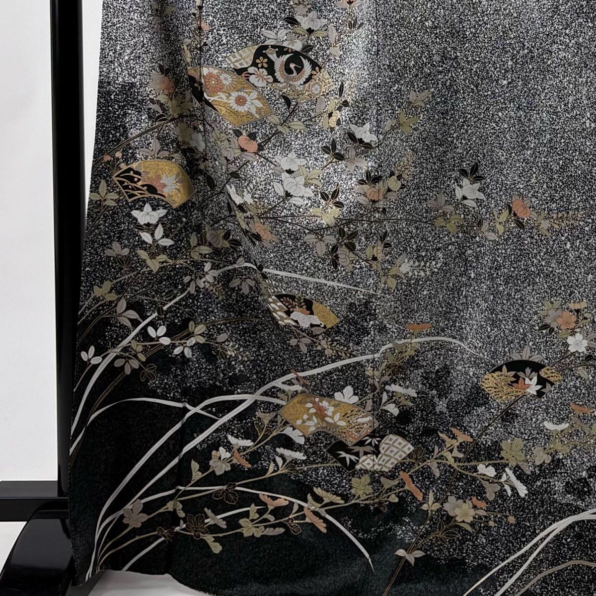訪問着 身丈168 cm 裄丈67 M 袷 扇面 花鳥 金彩 黒灰 正絹 秀品
