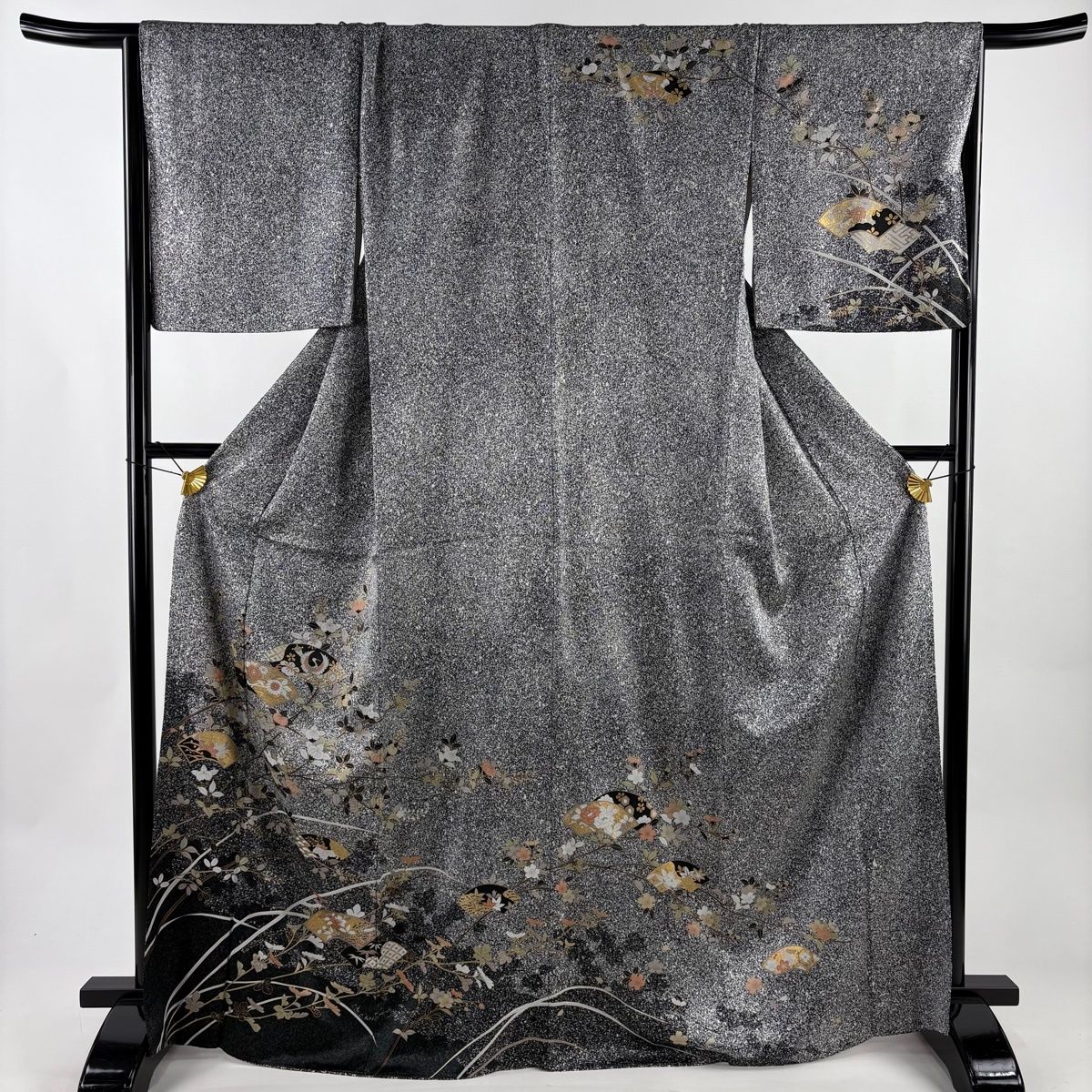 訪問着 身丈168 cm 裄丈67 M 袷 扇面 花鳥 金彩 黒灰 正絹 秀品