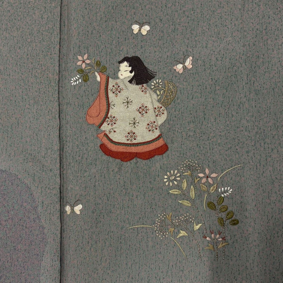  付下げ 身丈162 5 cm 裄丈62 S 袷 紬地 童 草花 刺繍 銀糸 灰緑 正絹 秀品 訪問着 付け下げ 着物