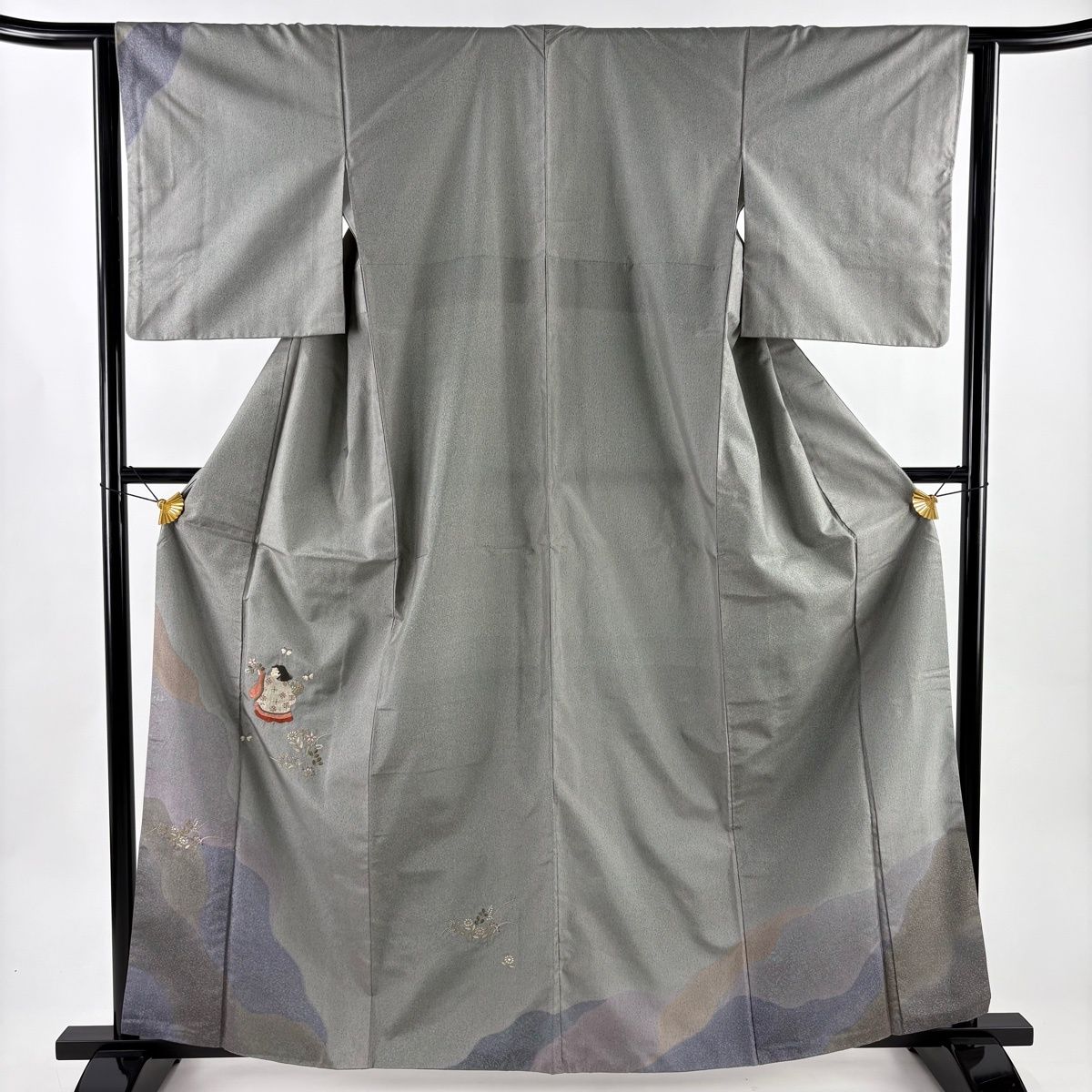 付下げ 身丈162 5 cm 裄丈62 S 袷 紬地 童 草花 刺繍 銀糸 灰緑 正絹 秀品