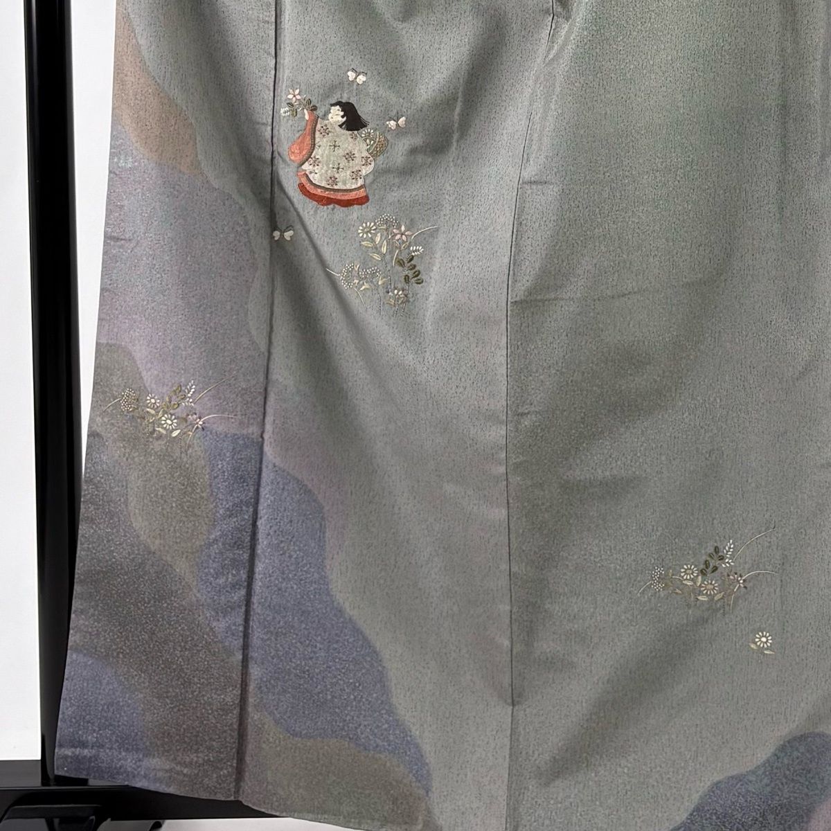 付下げ 身丈162 5 cm 裄丈62 S 袷 紬地 童 草花 刺繍 銀糸 灰緑 正絹 秀品
