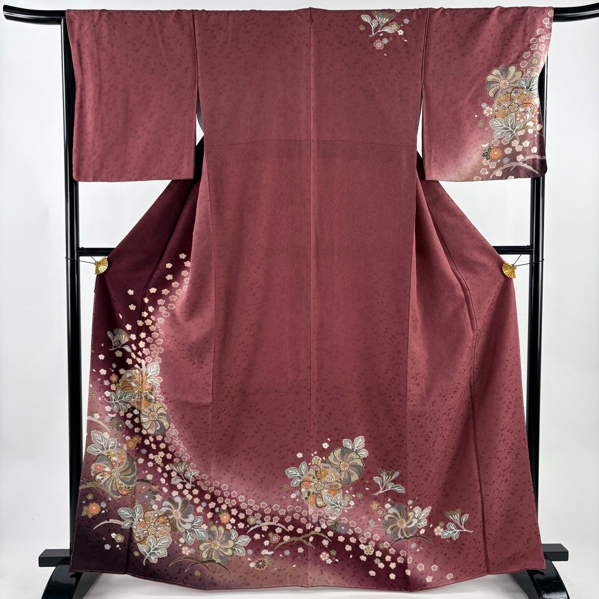 訪問着 身丈165 5 cm 裄丈66 M 袷 草花 地紋 金糸 金彩 えんじ色 正絹 秀品