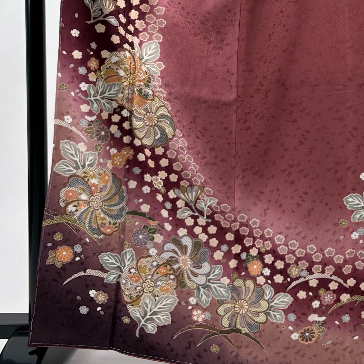 訪問着 身丈165 5 cm 裄丈66 M 袷 草花 地紋 金糸 金彩 えんじ色 正絹 秀品