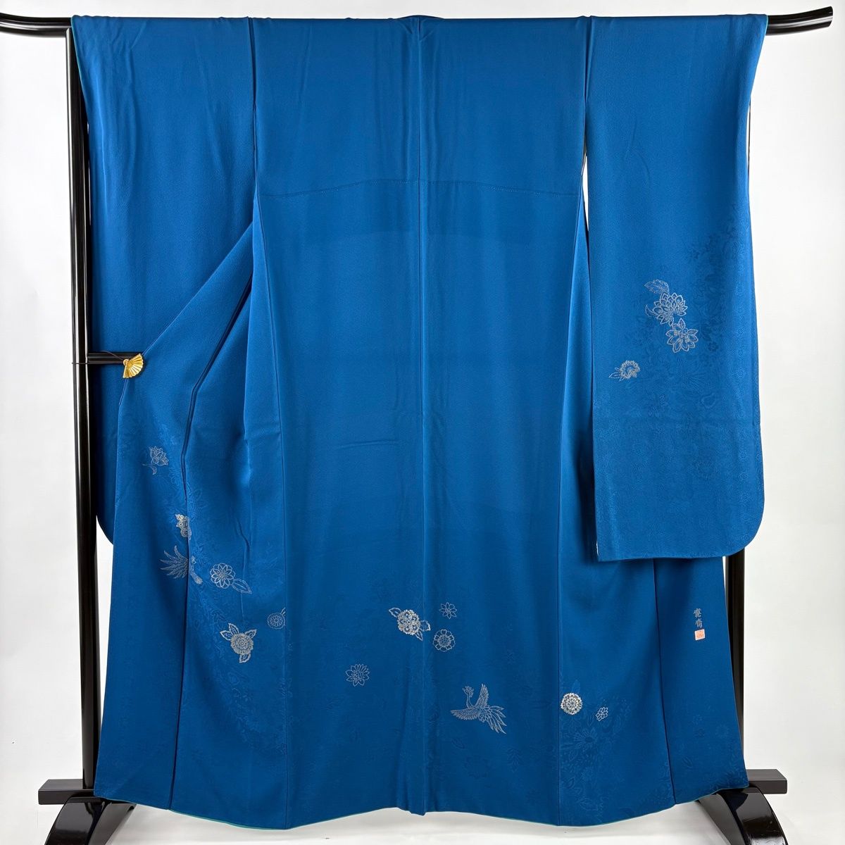 振袖 身丈162 5 cm 裄丈68 L 袷 山本寛斎 落款 鳥 草花 金糸 藍色 正絹 秀品