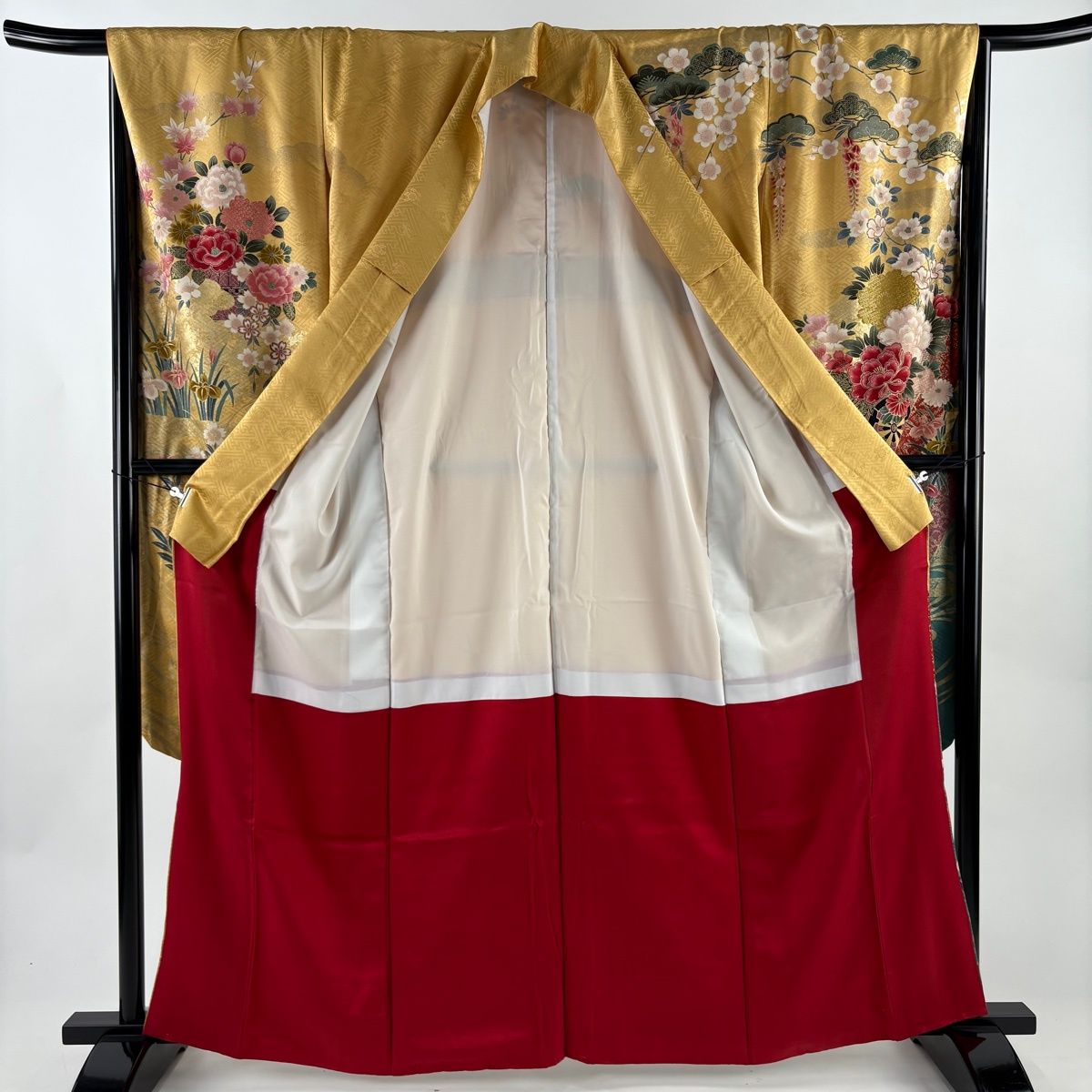  振袖 身丈162 5 cm 裄丈67 M 袷 花車 熨斗 金彩 染め分け 山吹色 正絹 秀品 振袖 着物