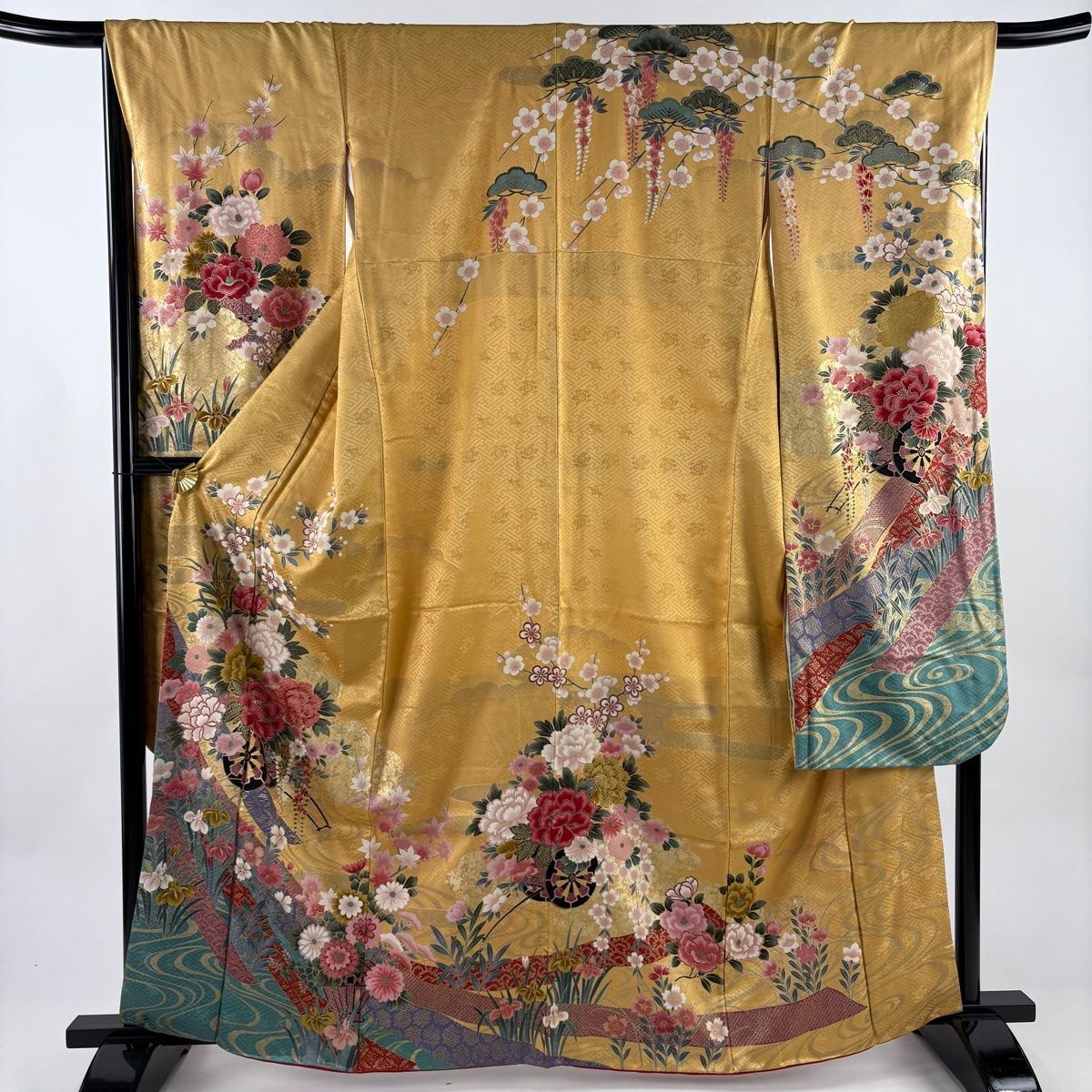 振袖 身丈162 5 cm 裄丈67 M 袷 花車 熨斗 金彩 染め分け 山吹色 正絹 秀品