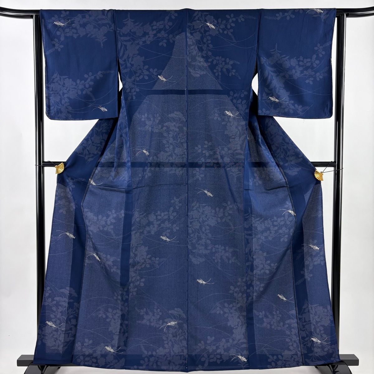 小紋 身丈161 cm 裄丈63 S 薄物 夏紬地 バッタ 秋草 銀糸 紺色 正絹 秀品