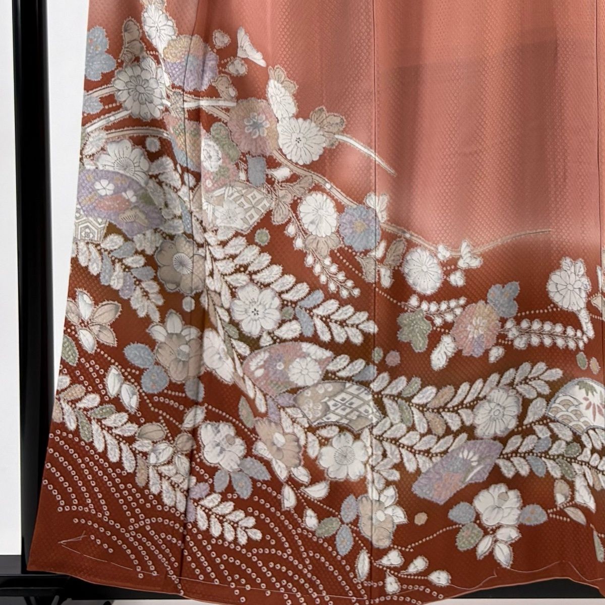 訪問着 身丈157 5 cm 裄丈65 M 袷 辻が花柄 扇面 染め分け ぼかし ピンクベージュ 正絹 秀品 一つ紋