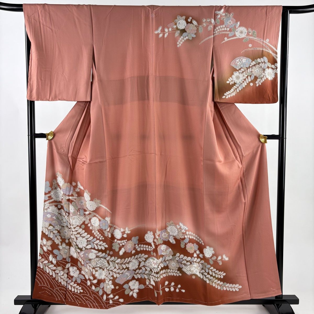 訪問着 身丈157 5 cm 裄丈65 M 袷 辻が花柄 扇面 染め分け ぼかし ピンクベージュ 正絹 秀品 一つ紋