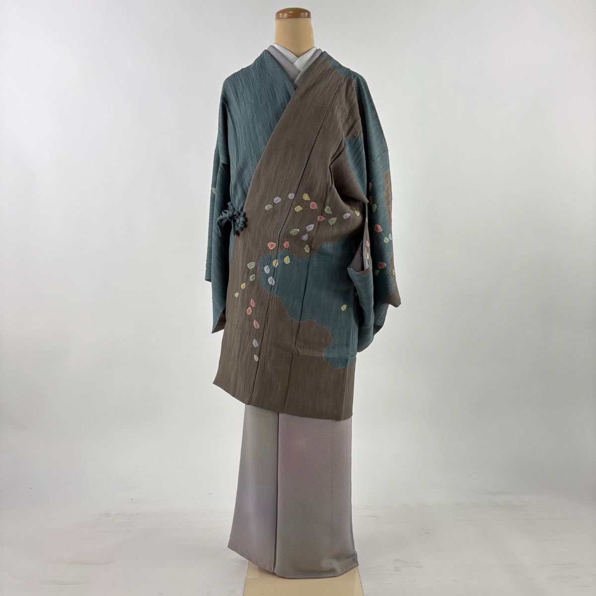 道中着 身丈93 cm 裄丈66 5 M 和装コート 幾何学模様 絞り 染め分け 茶緑色 正絹 秀品