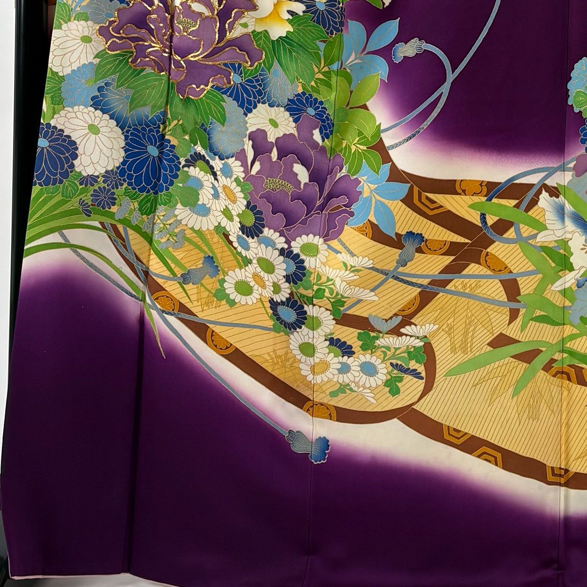 振袖 身丈170 cm 裄丈66 M 袷 牡丹 菊 金糸 金彩 濃紫 正絹 名品