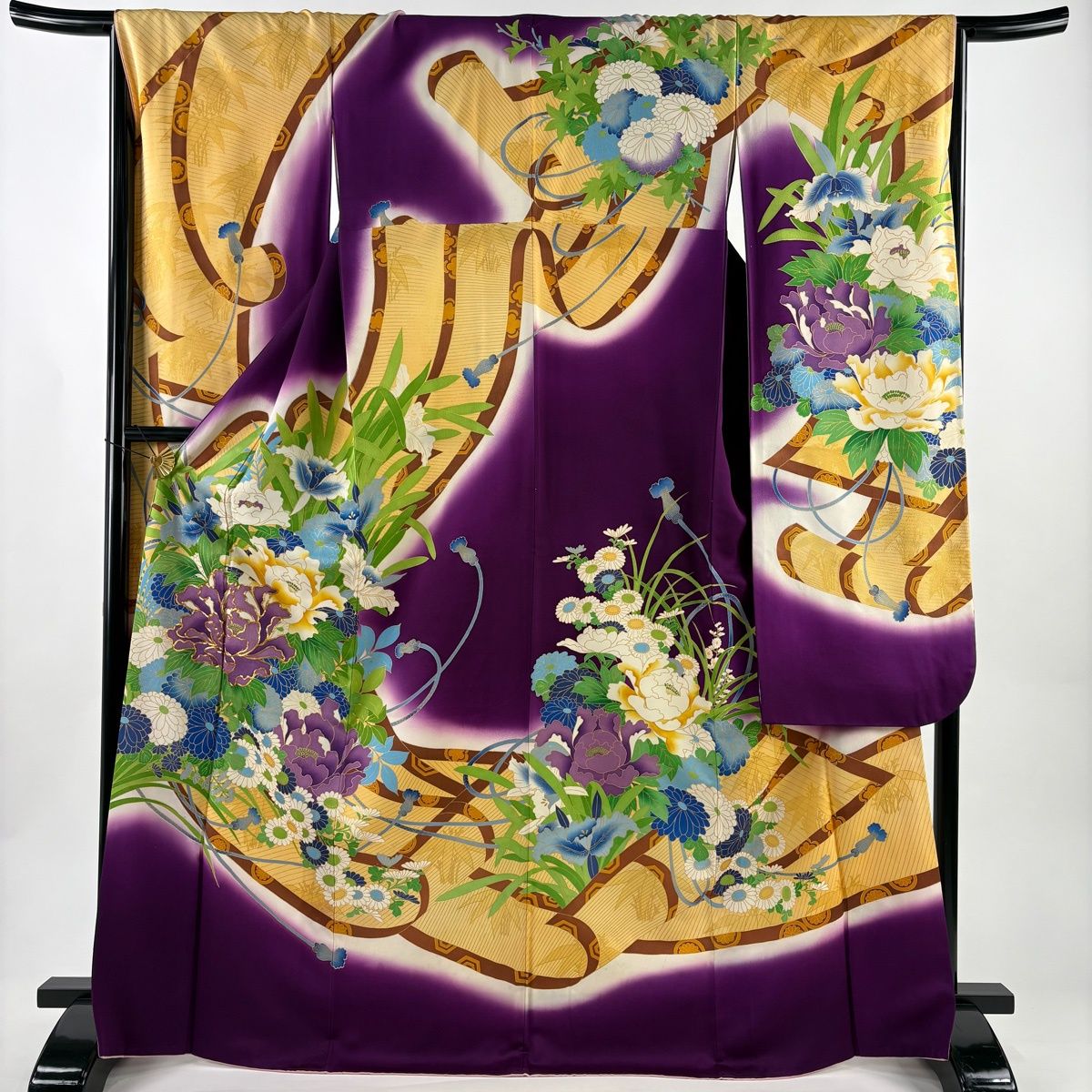 振袖 身丈170 cm 裄丈66 M 袷 牡丹 菊 金糸 金彩 濃紫 正絹 名品