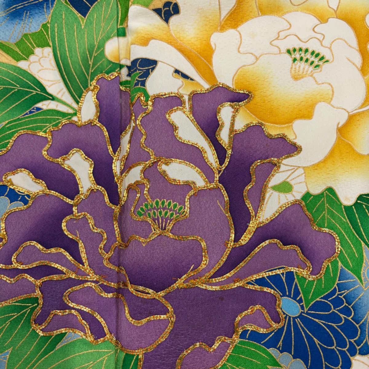  振袖 身丈170 cm 裄丈66 M 袷 牡丹 菊 金糸 金彩 濃紫 正絹 名品 振袖 着物