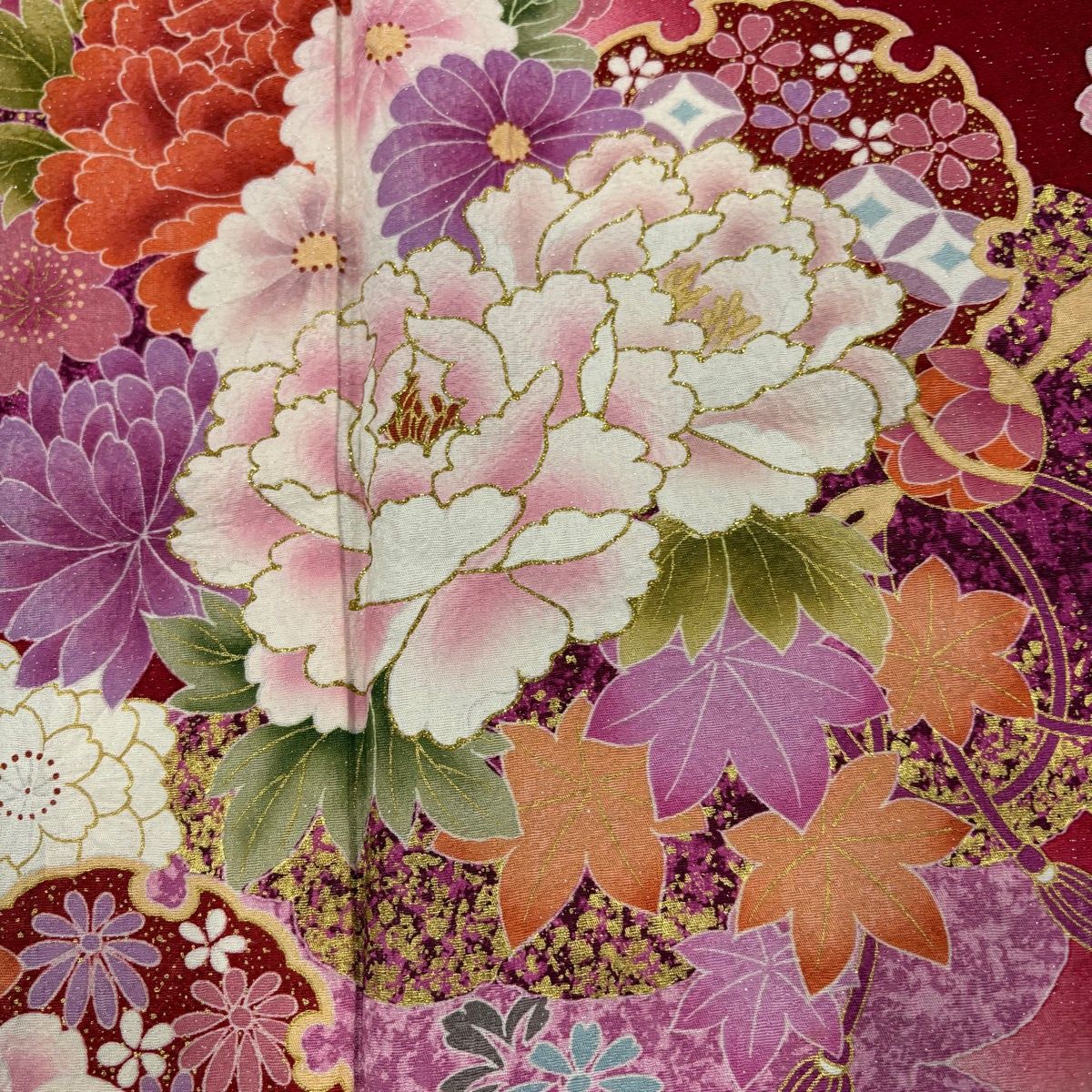  振袖 身丈174 5 cm 裄丈74 L 袷 牡丹 雪輪 銀通し 金彩 赤 正絹 名品 振袖 着物