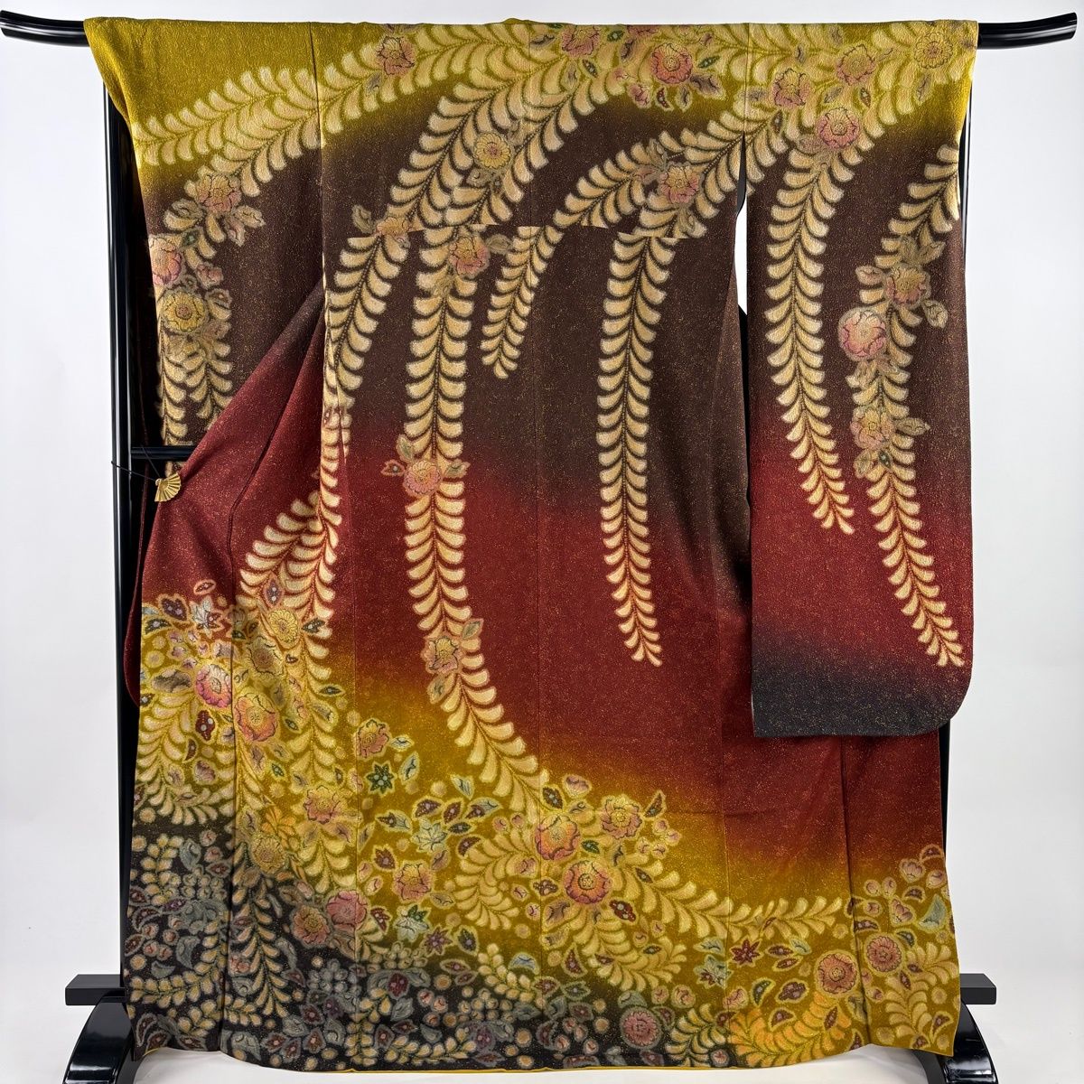振袖 身丈169 5 cm 裄丈69 L 袷 辻が花柄 金通し 赤茶 正絹 名品