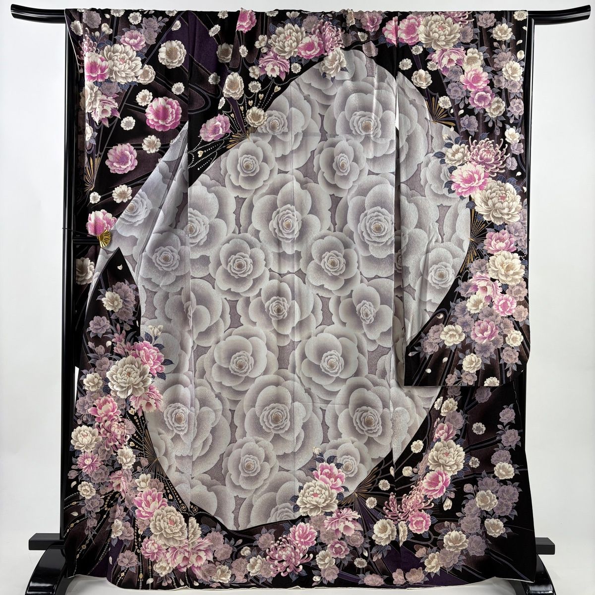 振袖 身丈168 cm 裄丈71 5 L 袷 牡丹 草花 金糸 金銀彩 灰紫 正絹 名品