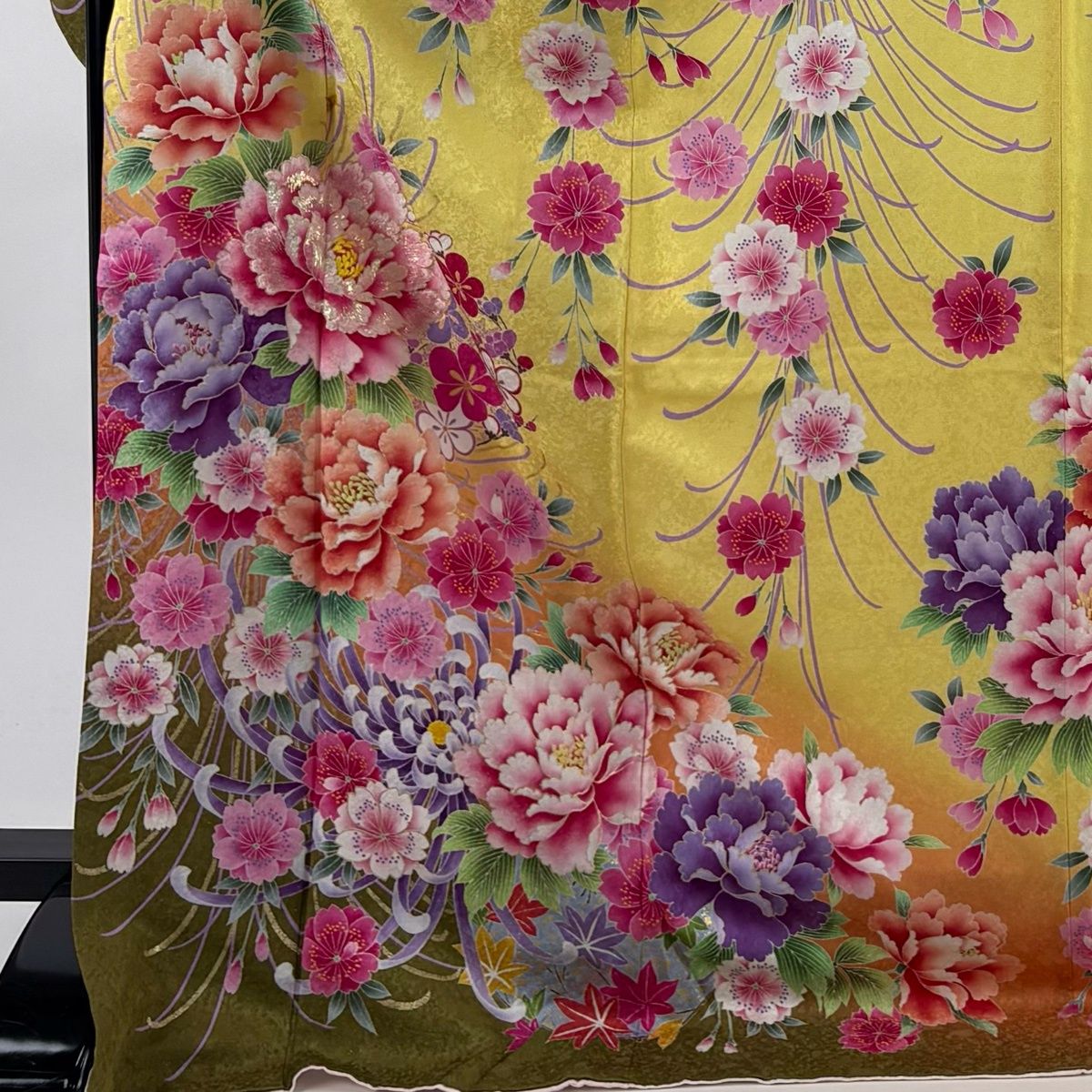 振袖 身丈175 cm 裄丈69 L 袷 牡丹 桜 銀通し 金彩 黄色 正絹 名品