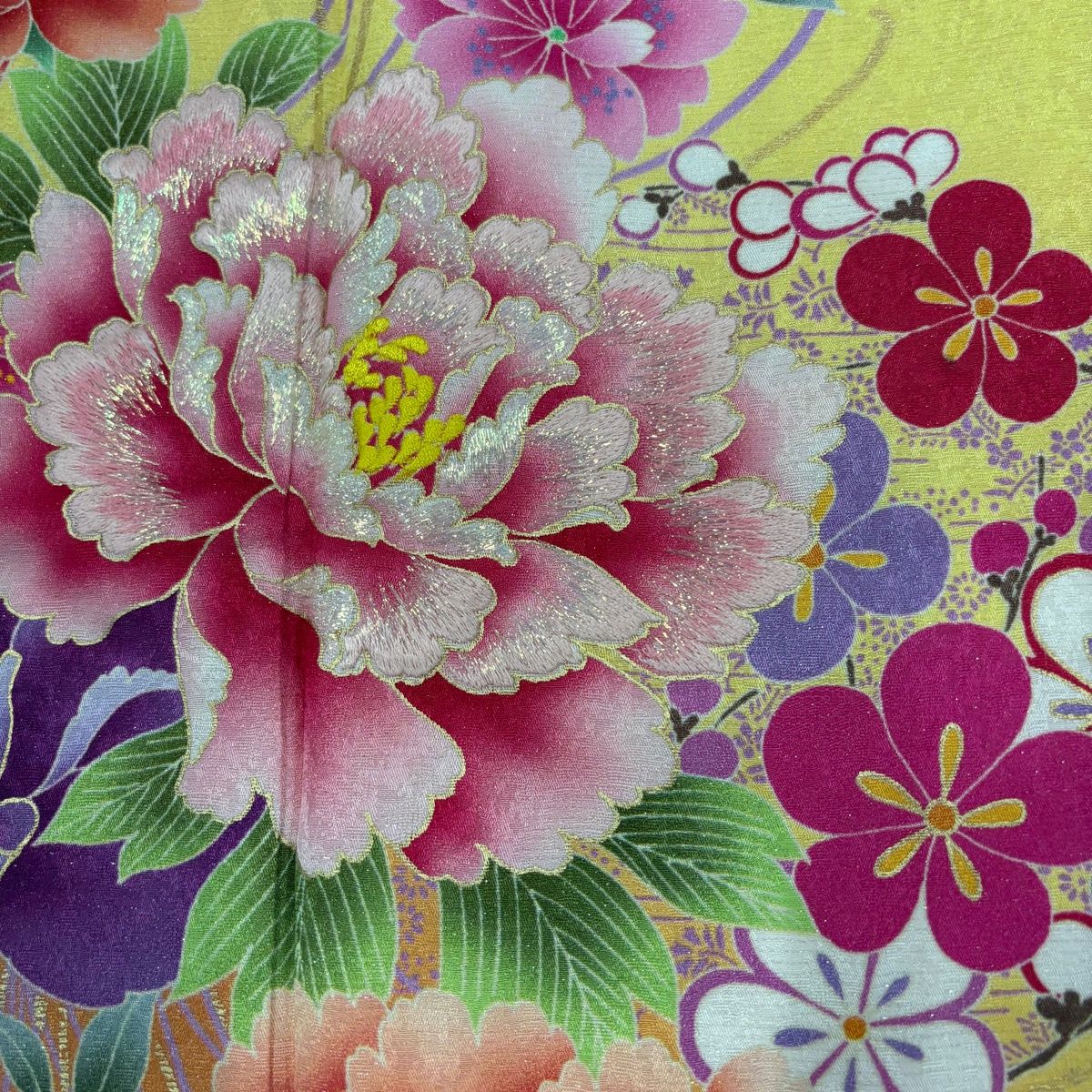  振袖 身丈175 cm 裄丈69 L 袷 牡丹 桜 銀通し 金彩 黄色 正絹 名品 振袖 着物